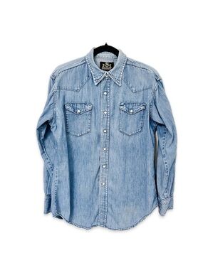 VTG 70s Maverick Blue Bell Western Denim Snap Shirt Sanforized Long Tails M-L